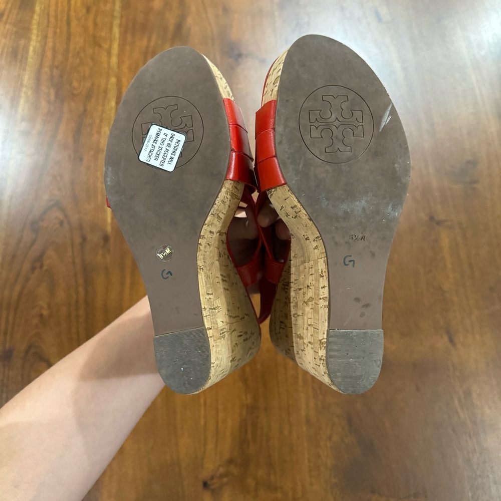 Tory Burch Red Leather Cork Wedge Sandals - Picture 10 of 11